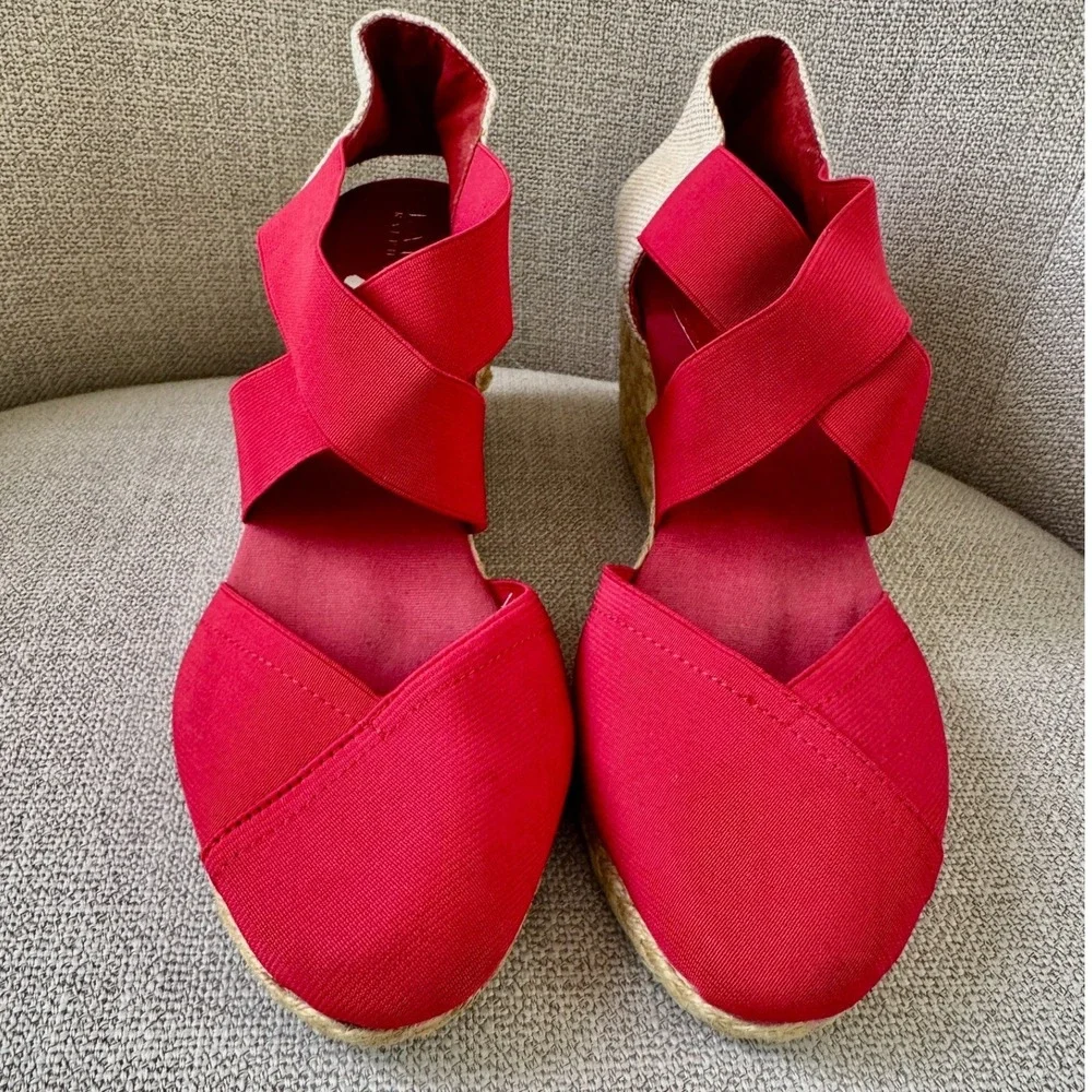 Lauren Ralph Lauren Red Espadrille Wedge Sandals Elastic Straps